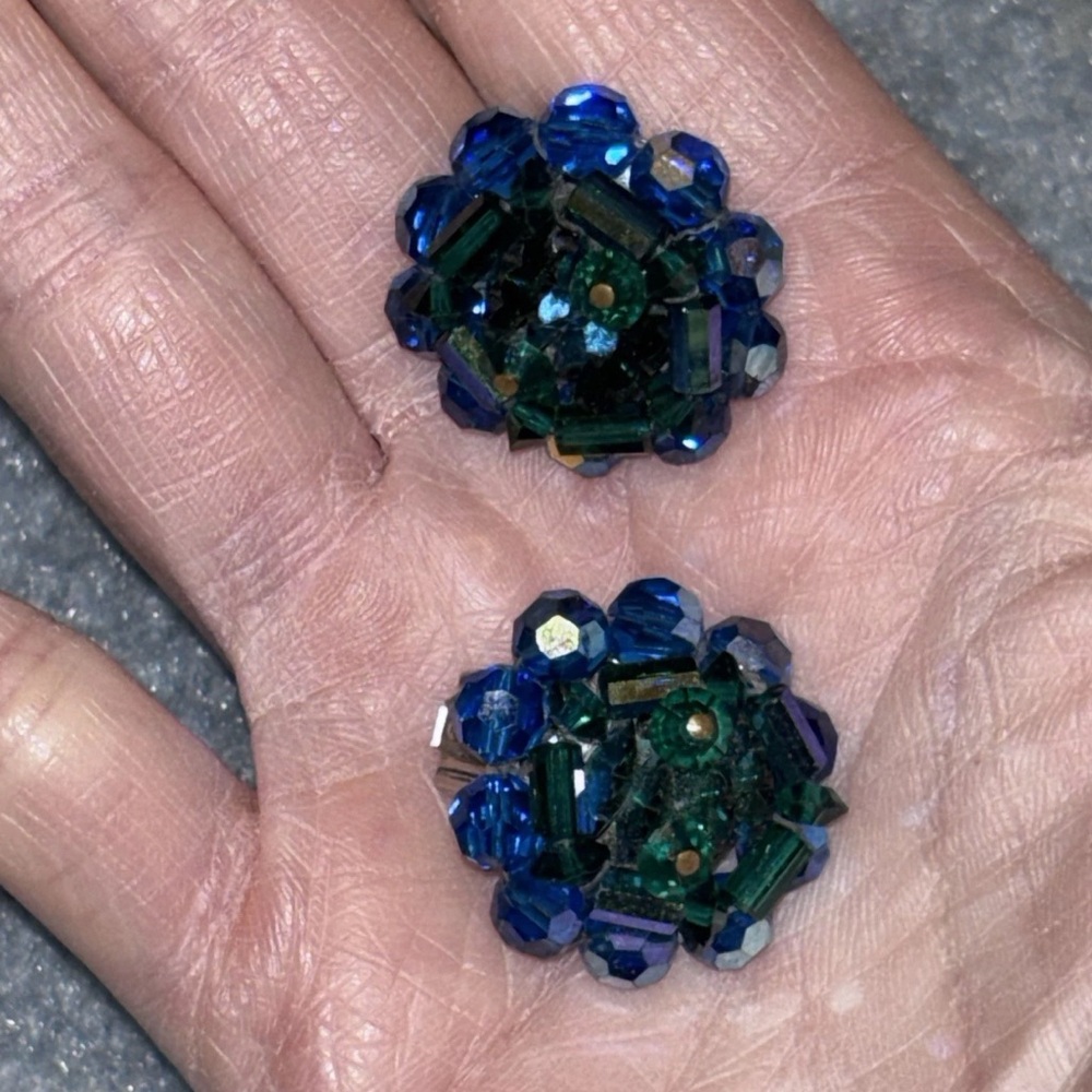 Vintage AB Blue Green Rhinestone Bead Clip On Earrings Estate Find - Picture 3 of 6